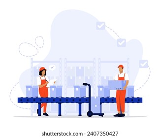 Conveyor belt in warehouse concept illustration. Suitable for landing page, ui, web, App intro card, editorial, flyer, and banner.