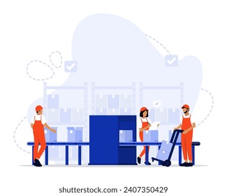 Conveyor belt in warehouse concept illustration. Suitable for landing page, ui, web, App intro card, editorial, flyer, and banner.