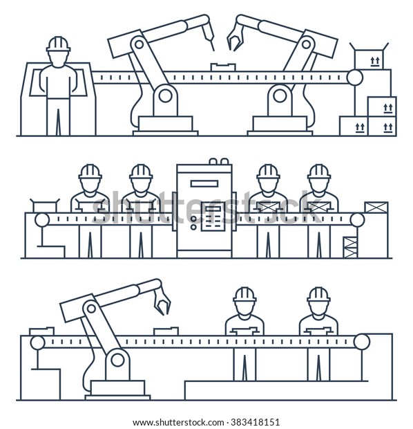 Conveyor Belt Workers Industrial Manufacturing Robot Stock Vector ...