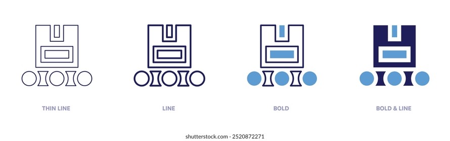 Icono de cintas transportadoras en 4 estilos diferentes. Línea delgada, línea, negrita y línea negrita. Estilo duotono. Trazo editable.