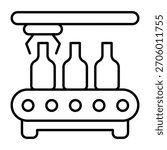 Conveyor with bottles and robotic arm claw thin line icon, manufacturing concept, factory belt bottling sign on white background, outline style icon for mobile and web design. Vector graphics