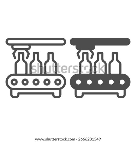 Conveyor with bottles and robotic arm claw line and solid icon, manufacturing concept, factory belt bottling sign on white background, outline style icon for mobile and web design. Vector graphics
