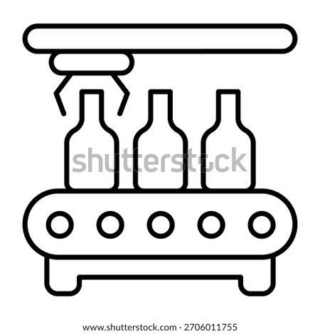 Conveyor with bottles and robotic arm claw thin line icon, manufacturing concept, factory belt bottling sign on white background, outline style icon for mobile and web design. Vector graphics