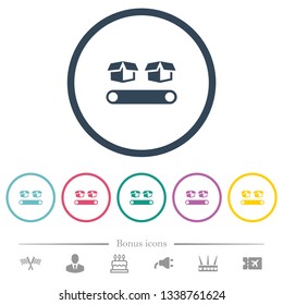 Conveyor with boxes flat color icons in round outlines. 6 bonus icons included.