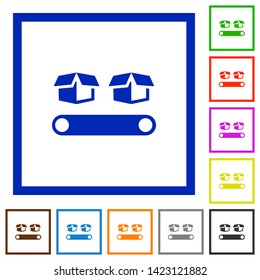 Conveyor with boxes flat color icons in square frames on white background