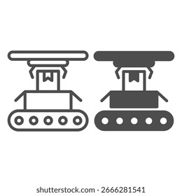 Transportador con cajas, mercancías, línea de brazo robótico e ícono sólido, concepto de fabricación, embalaje con signo de garra de robot sobre fondo blanco, ícono de estilo de contorno para móvil y Diseño web. Gráficos de Vector