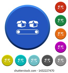 Conveyor with boxes round color beveled buttons with smooth surfaces and flat white icons