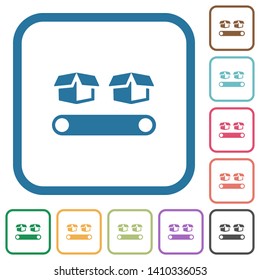 Conveyor with boxes simple icons in color rounded square frames on white background