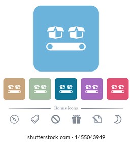 Conveyor with boxes white flat icons on color rounded square backgrounds. 6 bonus icons included