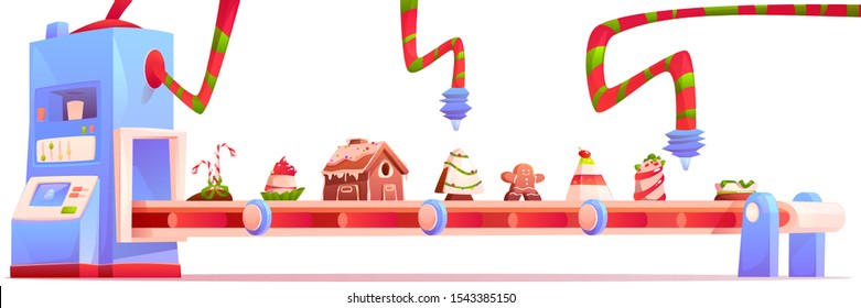 Conveyor with Christmas candy and sweets, gingerbread house, pudding, traditional xmas bakery, desserts and cakes moving on factory belt isolated on white background. Cartoon vector illustration