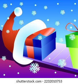 Conveyor of Christmas gifts with red caps on a snowy background. New Year's card in a square format. Stock illustration with colorful gifts.