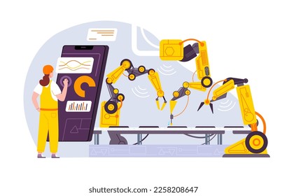 Conveyor configurations. Futuristic engineering smart control automation factory production, worker monitoring manufacturing process iot machine, vector illustration of conveyor machine technology - Shutterstock ID 2258208647