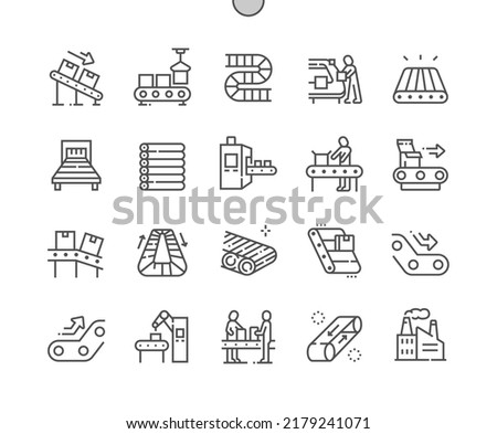 Conveyor factory. Automated production. Engineering and robotic industry. Conveyor belt. Pixel Perfect Vector Thin Line Icons. Simple Minimal Pictogram