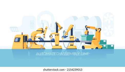 Conveyor factory. Electronic assembly and packaging machine. Production workshop. Technology work process. Robotic automated operation. Plant manufacture with