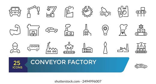 Conveyor factory icon set. Engineering and robotic industry. Conveyor belt. Collection and pack of linear web and ui icons. Editable stroke. Vector illustration.