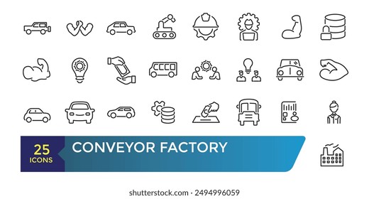 Conveyor factory icon set. Engineering and robotic industry. Conveyor belt. Collection and pack of linear web and ui icons. Editable stroke. Vector illustration.