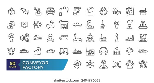 Conjunto de iconos de fábrica del transportador. Ingeniería e industria robótica. Correa transportadora. Colección y paquete de iconos de Web lineal y ui. Trazo editable. Ilustración vectorial.