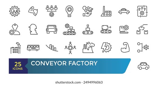 Conjunto de iconos de fábrica del transportador. Ingeniería e industria robótica. Correa transportadora. Colección y paquete de iconos de Web lineal y ui. Trazo editable. Ilustración vectorial.