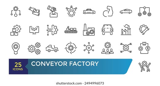 Conjunto de iconos de fábrica del transportador. Ingeniería e industria robótica. Correa transportadora. Colección y paquete de iconos de Web lineal y ui. Trazo editable. Ilustración vectorial.