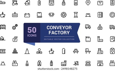 Conjunto de iconos de Fábrica de transportadores. Conjunto simple de iconos de línea de Vector relacionados con la producción en masa. Conjunto de iconos de ui de Web lineal delgado minimalista. Ilustración de trazo de Vector editable simple.