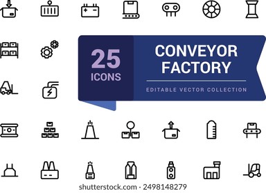 Conveyor Factory icon set. Simple Set of Mass Production Related Vector Line Icons. Minimalist thin linear web ui icon set. Simple editable vector stroke illustration.