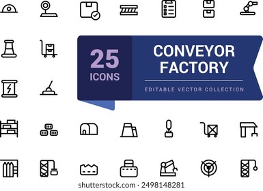 Conjunto de iconos de Fábrica de transportadores. Conjunto simple de iconos de línea de Vector relacionados con la producción en masa. Conjunto de iconos de ui de Web lineal delgado minimalista. Ilustración de trazo de Vector editable simple.