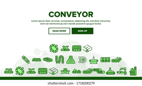 Conveyor Factory Tool Landing Web Page Header Banner Template Vector. Conveyor Plant Industrial Equipment For Transportation And Distribution Product Illustrations