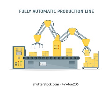 Conveyor Fully Automatic Production Line with Cardboard Boxes. Auto operation. Flat Design Style. Vector illustration of Production Process on the Line Conveyor Selling.