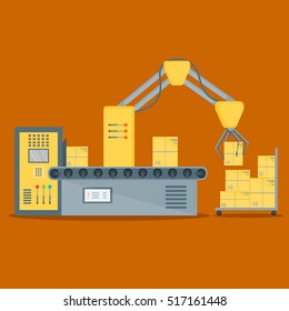 Conveyor Fully Automatic Production Line with Cardboard Boxes. Auto operation. Flat Design Style. Vector illustration of Production Process on the Selling. Cargo Cart. 