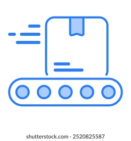 Ícone Transportador. Transportador, correia transportadora, fábrica, pacote, produção, indústria, entrega, logística, máquina. Ilustração de ícone de vetor