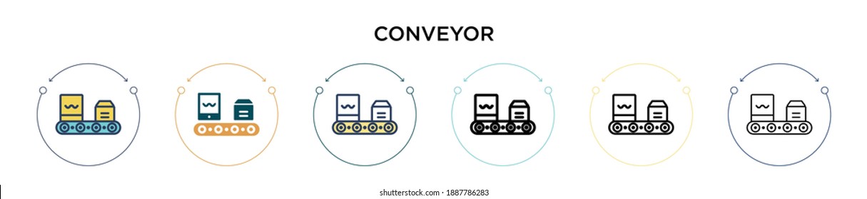Conveyor icon in filled, thin line, outline and stroke style. Vector illustration of two colored and black conveyor vector icons designs can be used for mobile, ui, web