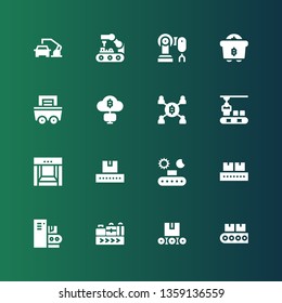 conveyor icon set. Collection of 16 filled conveyor icons included Conveyor, belt, Mining, Robot arm