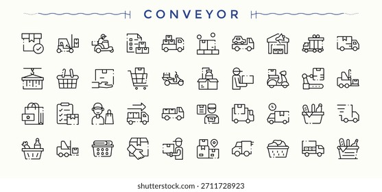 Conjunto de iconos de transportador. Colección de iconos modernos de distribución. colección de iconos de contorno de Vector. Colección de icono de distribución. Trazo editable. Pixel perfecto.