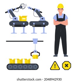 conveyor illustration with the logistic and delivery tools and man worker character. Vector flat design illustration for web, print, books.