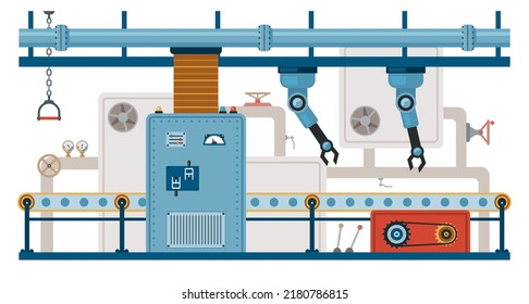 conveyor. industrial arms and steel robotic mechanism for conveyor. Vector cartoon background