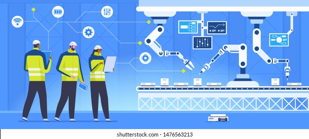 Conveyor inspection flat vector illustration. Futuristic factory workers cartoon character. Colleagues checking manufacturing systems. Smart industry, automated assembling line with robotic arms