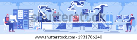 Conveyor line for automated production of microchips with robotic technologies. Robot hands create chips, engineers control process at different stages. Vector illustration of science, tech industry