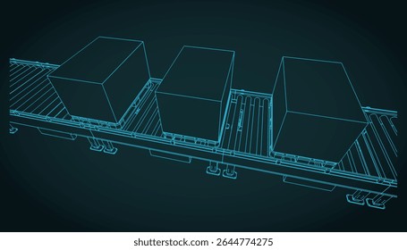 Conveyor line with boxes on pallets close up stylized vector illustration