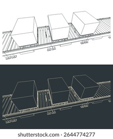 Conveyor line with boxes on pallets close up stylized vector illustrations