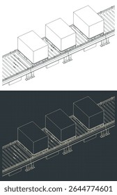 Conveyor line with boxes on pallets isometric drawings stylized vector illustrations