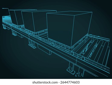 Conveyor line with boxes on pallets close up stylized vector illustration