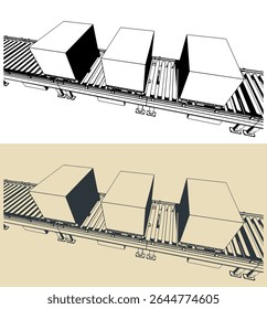 Conveyor line with boxes on pallets close up stylized vector illustrations