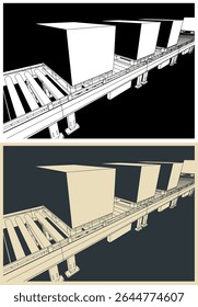 Conveyor line with boxes on pallets close up stylized vector illustrations
