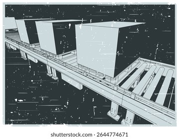 Conveyor line with boxes on pallets close up retro poster stylized vector illustration
