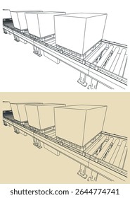Conveyor line with boxes on pallets close up stylized vector illustrations