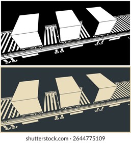 Conveyor line with boxes on pallets close up stylized vector illustrations