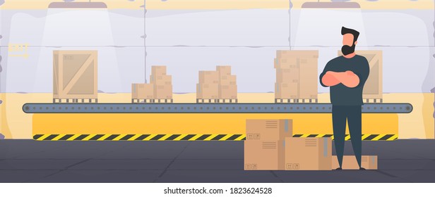 Conveyor line with boxes. Conveyor system in flat design. A man stands with cardboard boxes. Vector.