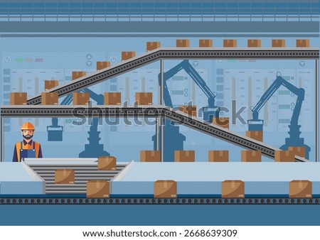 Conveyor line with cardboard boxes at factory, plant or warehouse. Factories with machine tools and conveyor. Robotic equipment. Industrial interior. Smart factory. Industry 4.0. Vector illustration.