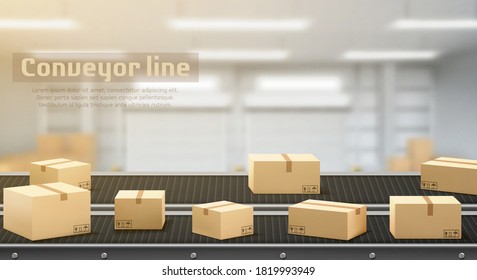 Conveyor line with carton boxes side view, industrial processing production belt, automated manufacturing engineering equipment on factory area blurred background, Realistic 3d vector illustration