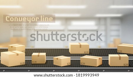 Conveyor line with carton boxes side view, industrial processing production belt, automated manufacturing engineering equipment on factory area blurred background, Realistic 3d vector illustration